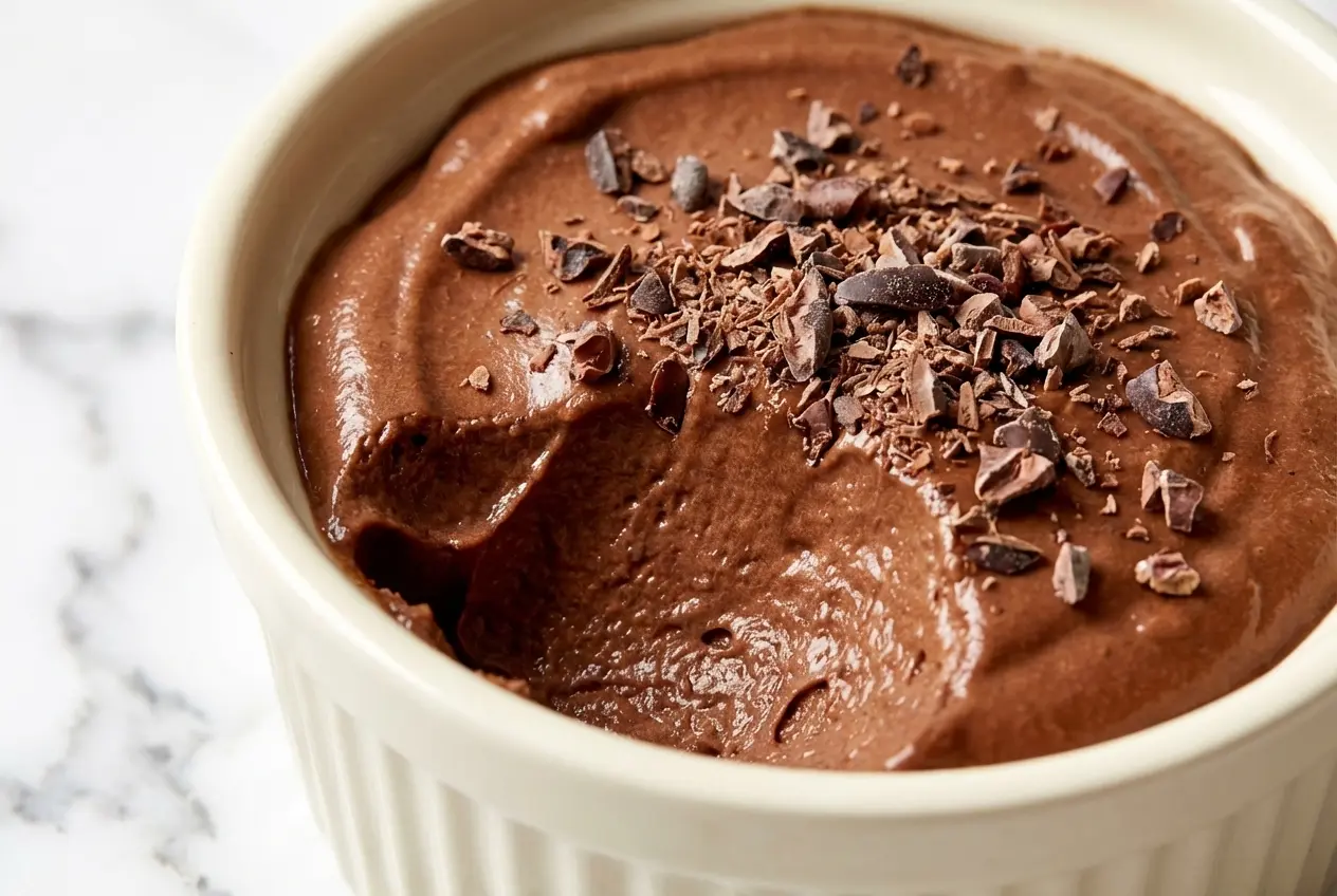 Crème dessert hyperprotéiné maison au cacao et pointe d'espresso dans un bol céramique minimaliste sur marbre blanc, lumière naturelle.