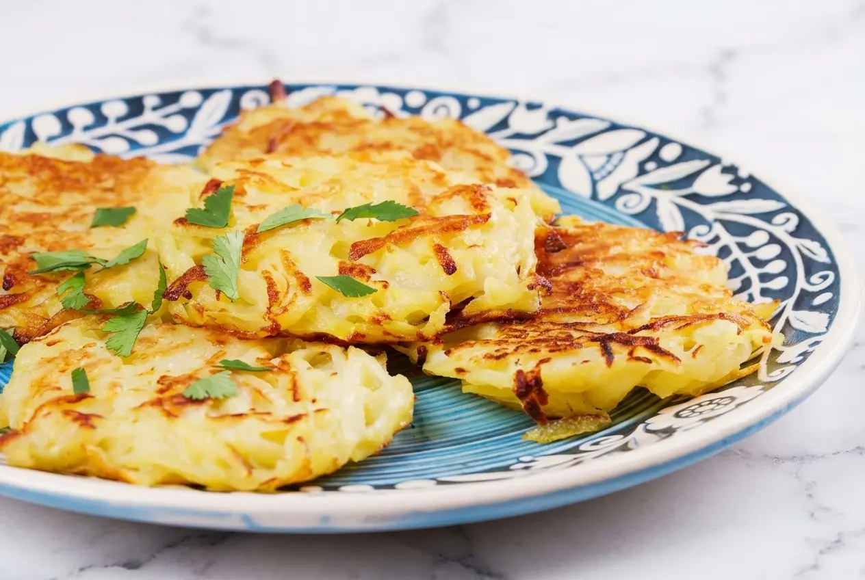 Crêpes de pommes de terre dorées, texture aérée par la crème et la levure, sur céramique blanche et marbre.