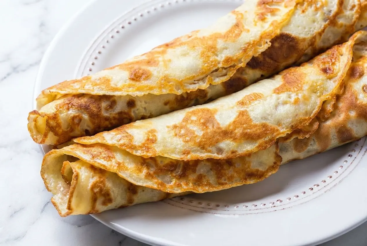 Crêpes salées au four dorées dans un plat en céramique minimaliste sur marbre blanc, nappées de sauce Mornay et d'un topping croustillant parmesan-chapelure sous une lumière naturelle.