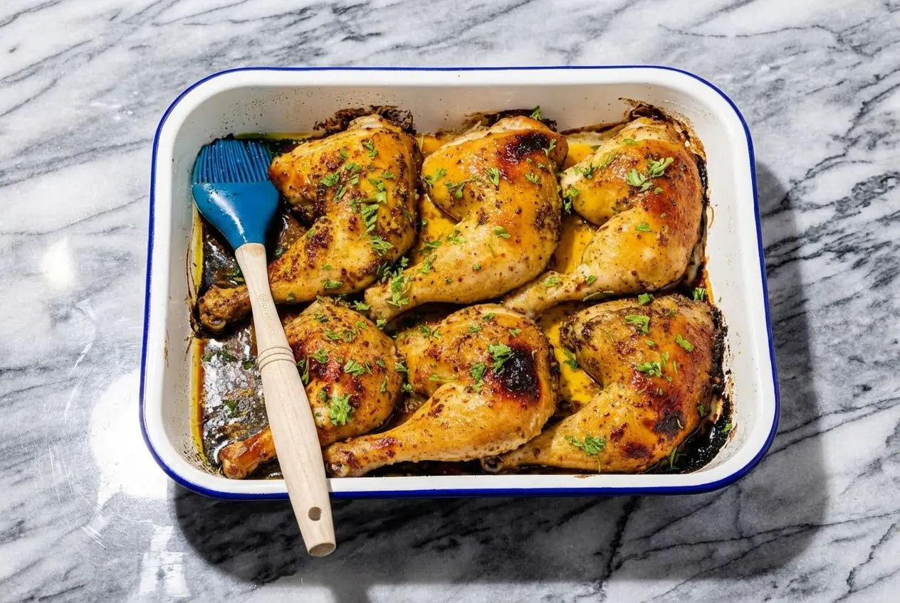 Cuisses de poulet marinées au four à la peau dorée, parsemées de zeste de citron et de paprika fumé sur marbre blanc.