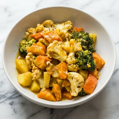 Curry de légumes crémeux, vue de dessus, éclats de coriandre et zeste de citron vert dans un bol en céramique, marbre blanc.