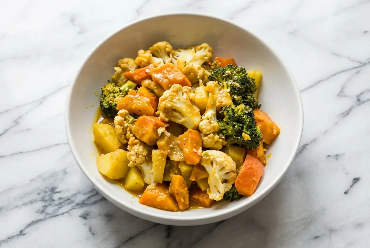 Curry de légumes crémeux, vue de dessus, éclats de coriandre et zeste de citron vert dans un bol en céramique, marbre blanc.