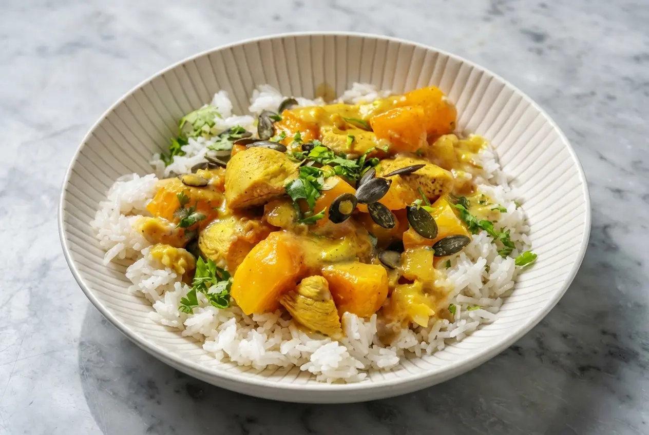 Curry de poulet aux mangues onctueux lié au beurre de cacahuète dans un bol en céramique sur marbre blanc.