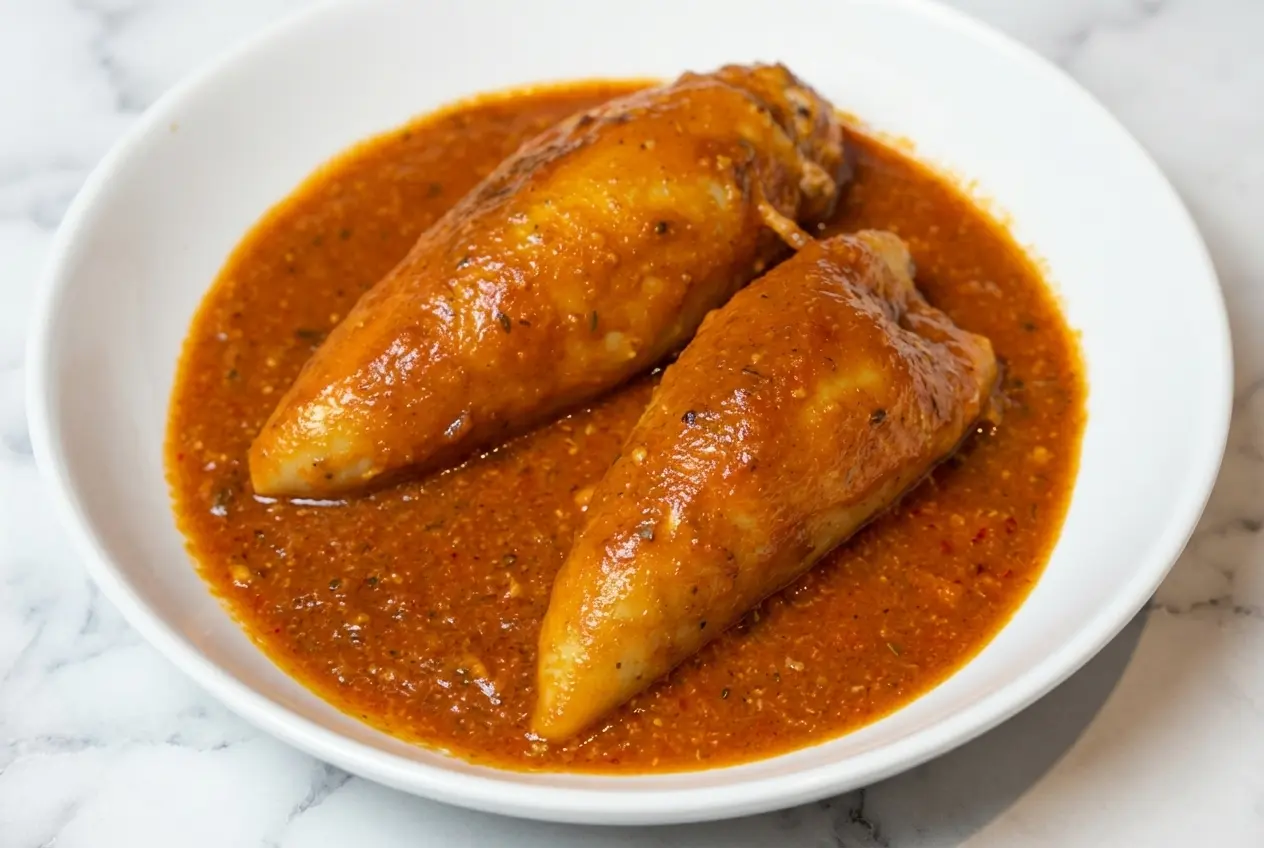 Encornets farcis dorés sur marbre blanc, farce à la viande relevée au piment fumé et zestes de citron jaune.