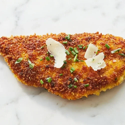 Escalopes de poulet panées dorées au beurre noisette sur assiette en céramique et plan de travail en marbre blanc.