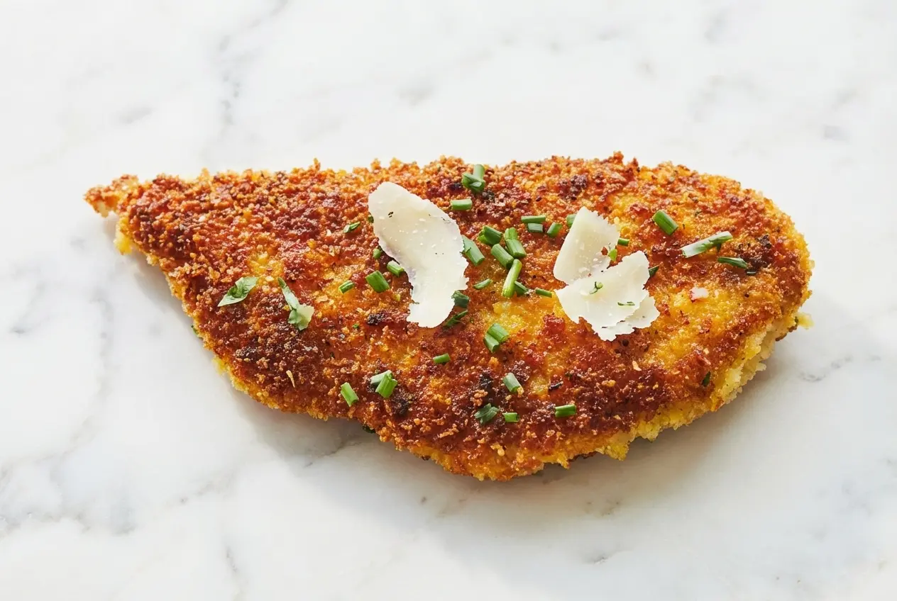 Escalopes de poulet panées dorées au beurre noisette sur assiette en céramique et plan de travail en marbre blanc.