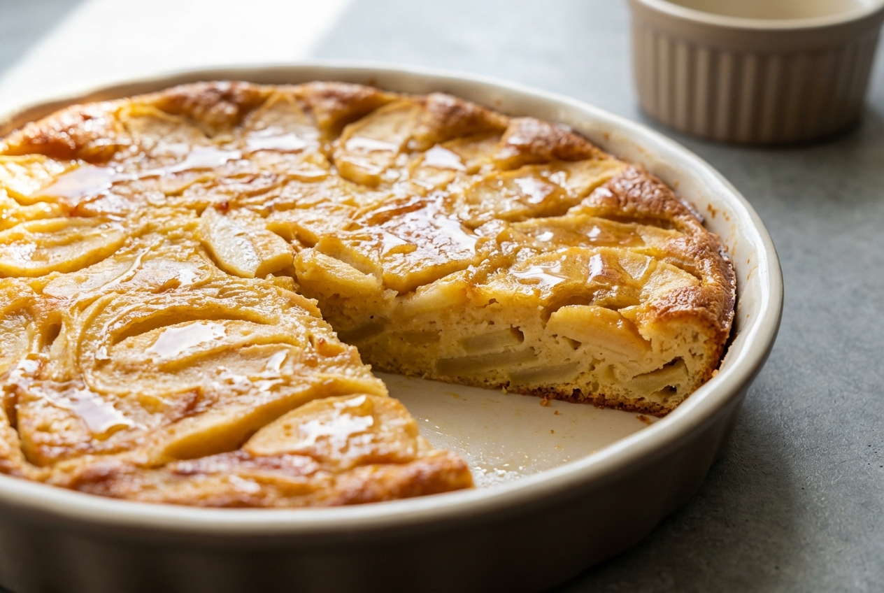 Vue en plongée d'une flognarde aux pommes dorée et brillante, servie dans un plat en fonte noir sur une surface de marbre blanc. La lumière naturelle accentue la texture riche et caramélisée due au beurre noisette, avec des ombres douces et définies.