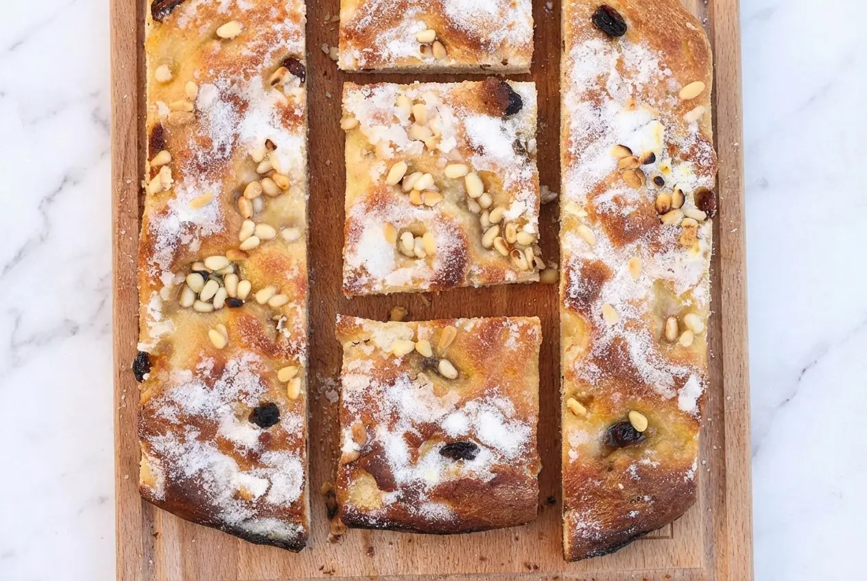 Focaccia sucrée dorée sur un marbre blanc baigné de lumière naturelle, croûte caramélisée à la fleur d'oranger et délicate branche de romarin.