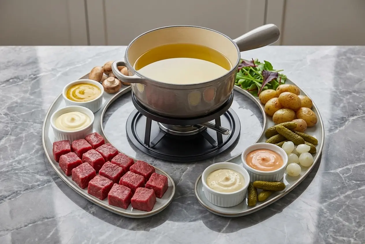 Fondue bourguignonne avec huile infusée à froid dans un caquelon en céramique minimaliste, cubes de bœuf sur un plan de travail en marbre blanc sous une lumière naturelle douce.