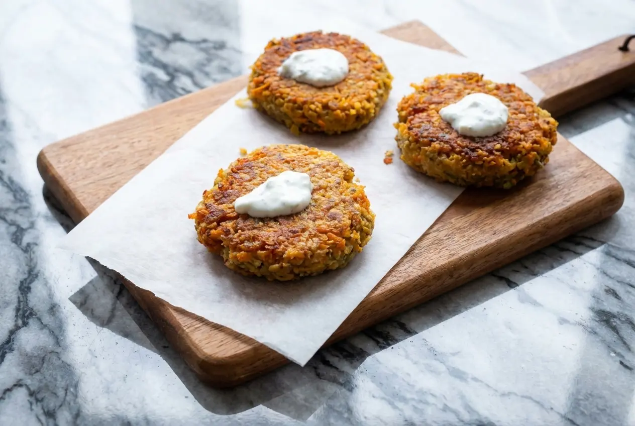 Galettes de lentilles corail au curcuma et zestes de citron sur marbre blanc, parsemées de coriandre ciselée.