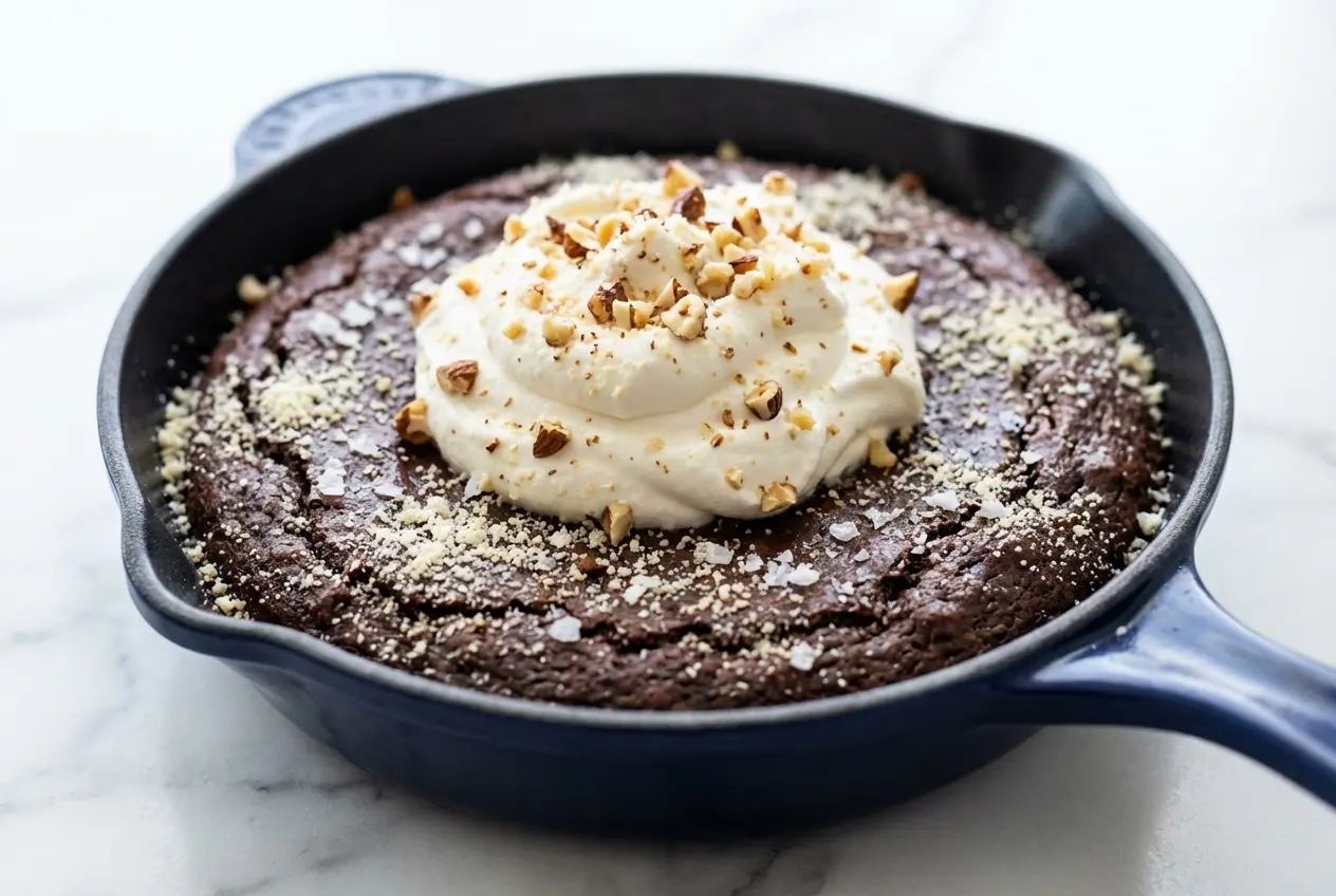 Gâteau au chocolat à la poêle fondant à la poudre d'amande et fleur de sel, sur assiette minimaliste en céramique, lumière naturelle.