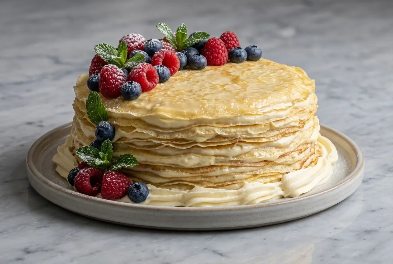 Gâteau de crêpes à la crème diplomate sur marbre blanc, révélant un cœur de praliné croustillant sous une lumière naturelle.