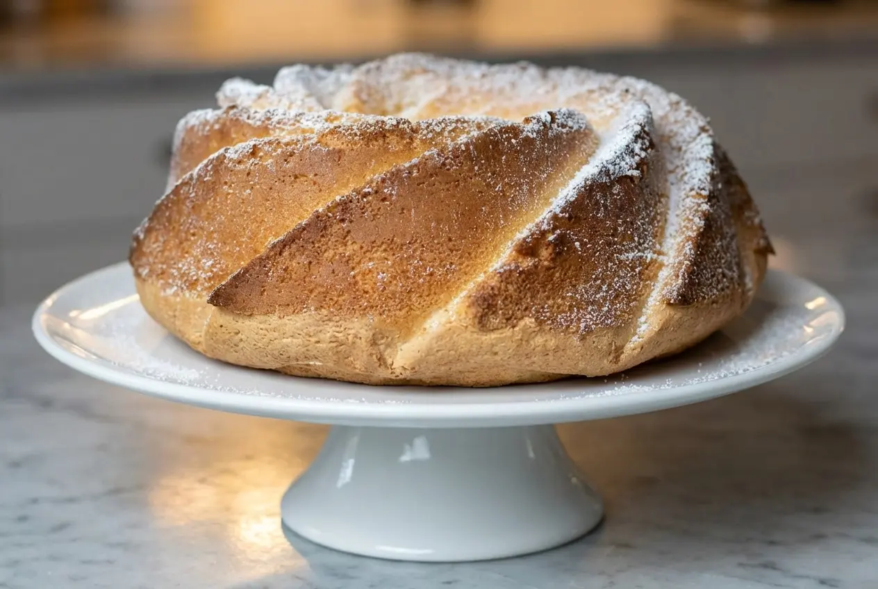 Gâteau de Savoie aérien à la croûte dorée par le chemisage au sucre citronné sur un plan de travail en marbre blanc.