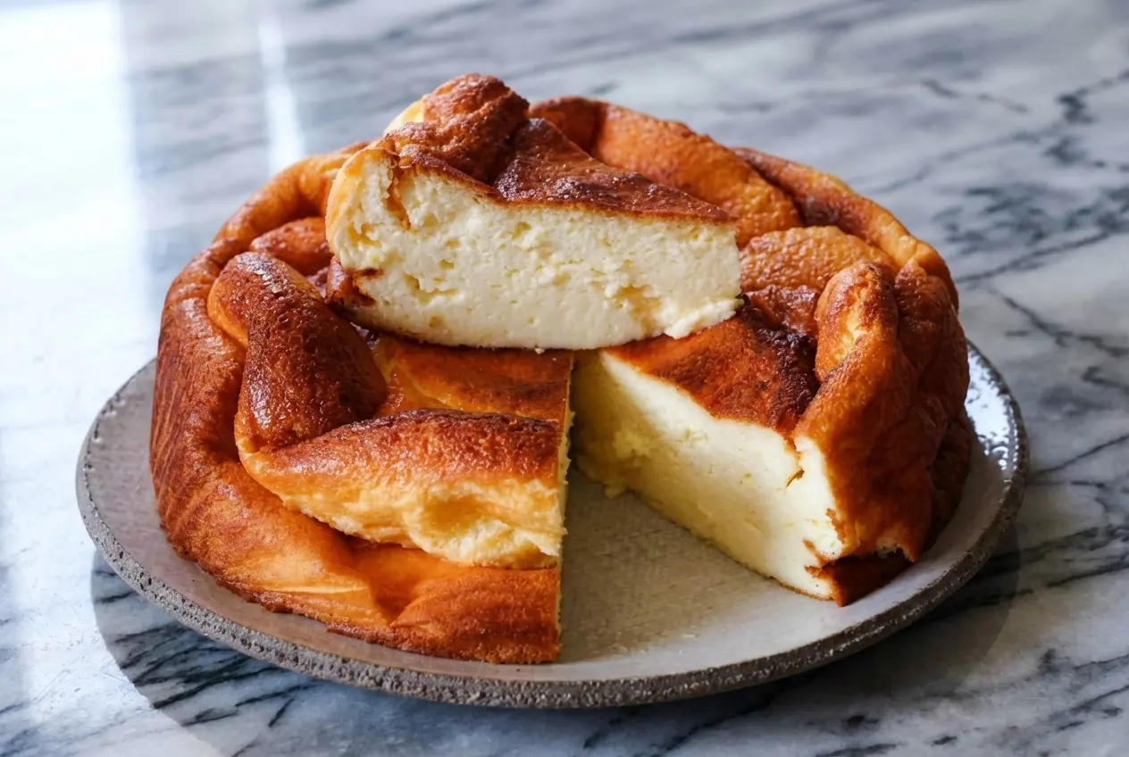 Gâteau au fromage blanc aérien sur son fond craquant aux amandes et cassonade, posé sur un marbre blanc épuré.