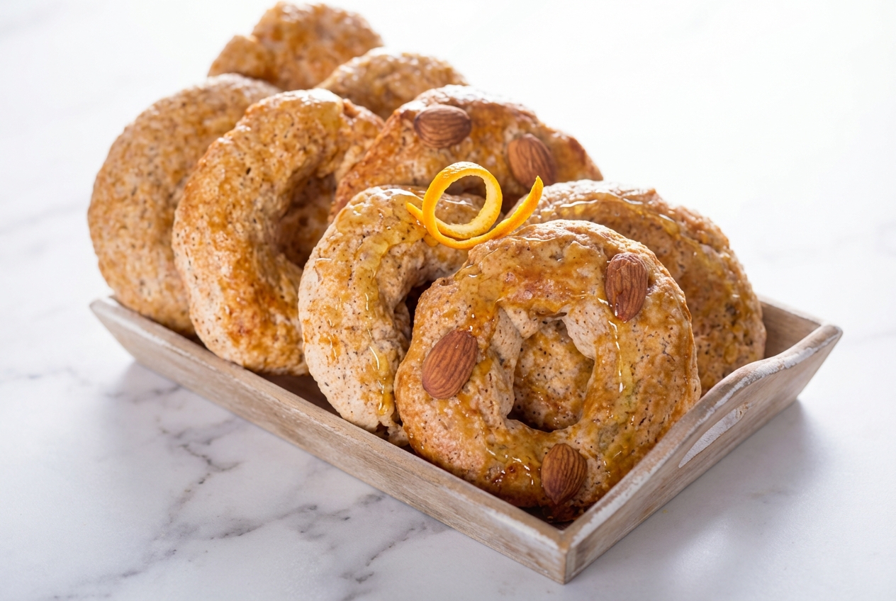 Gâteau rococo parfumé au jus d'orange et miel de fleur d'oranger, dressé sur une assiette en céramique minimaliste et marbre blanc sous la lumière naturelle.
