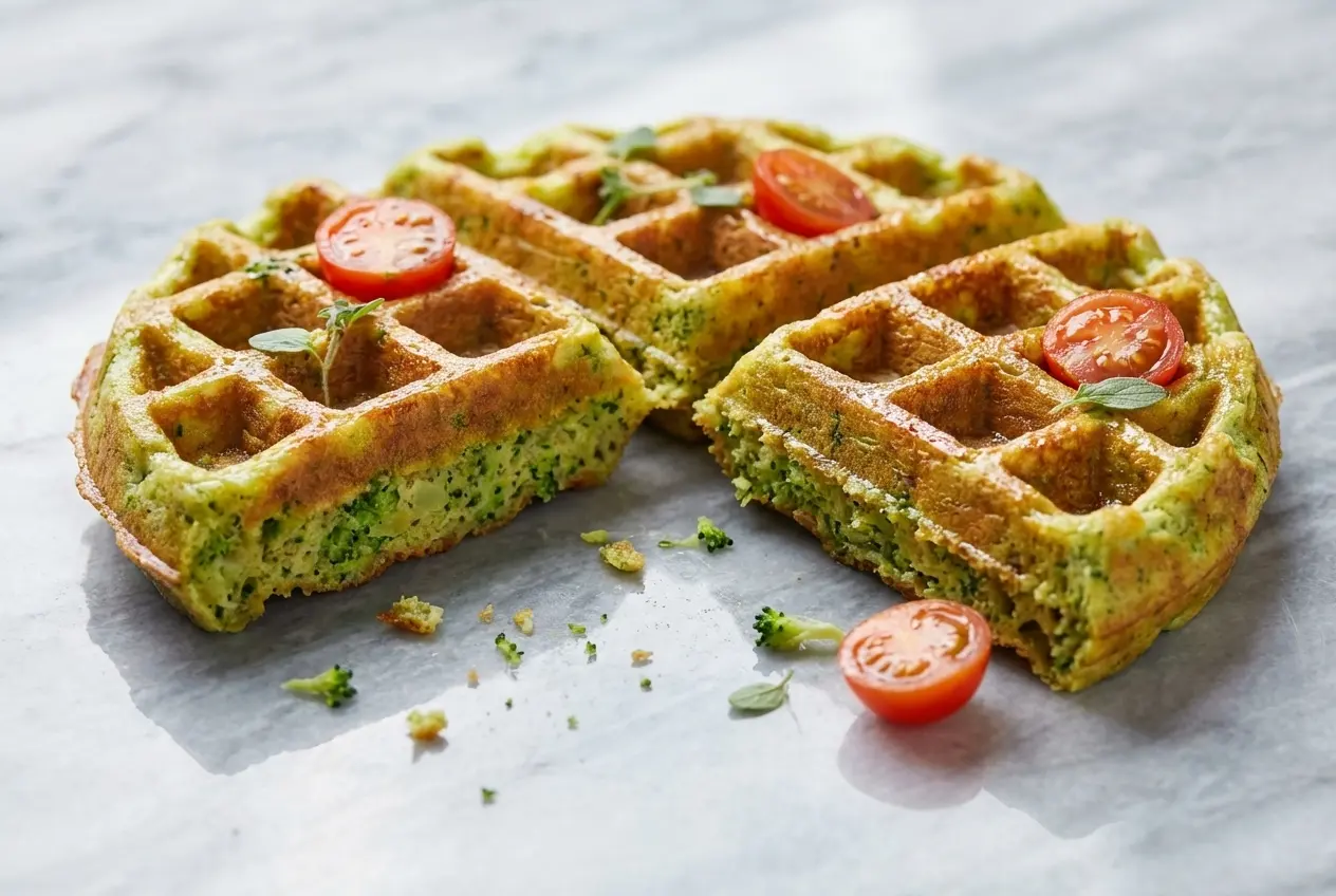 Gaufre au brocoli dorée avec croûte au parmesan et zestes de citron sur marbre blanc et assiette en céramique.