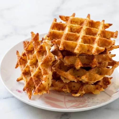 Gaufres de pommes de terre dorées au beurre noisette et parmesan vieux sur une assiette en céramique minimaliste.