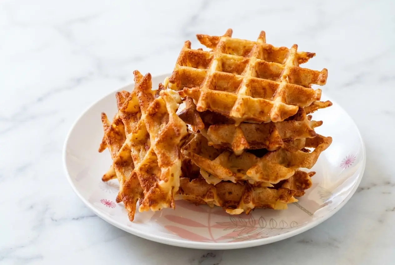 Gaufres de pommes de terre dorées au beurre noisette et parmesan vieux sur une assiette en céramique minimaliste.