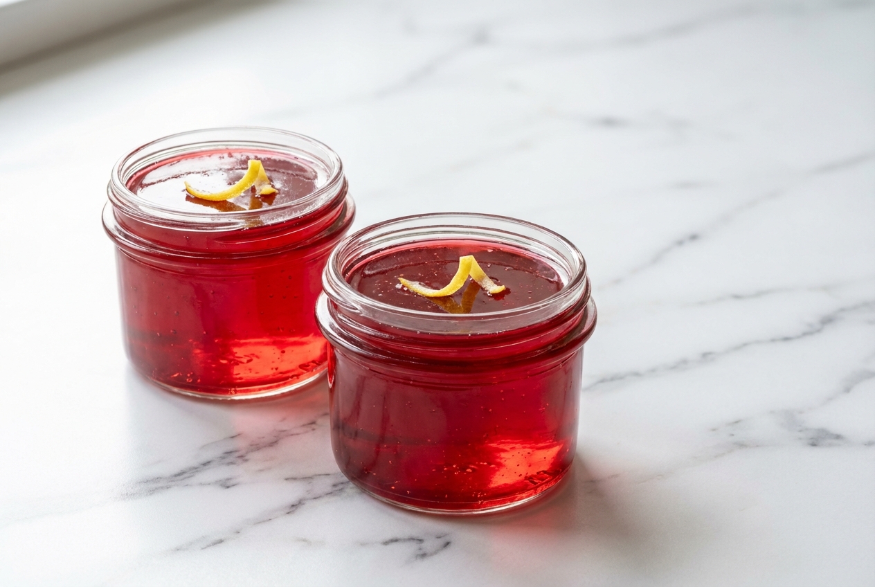 Gelée de groseilles brillante dans un pot en céramique minimaliste sur marbre blanc en lumière naturelle. Texture limpide grâce au citron et au beurre anti-écume.