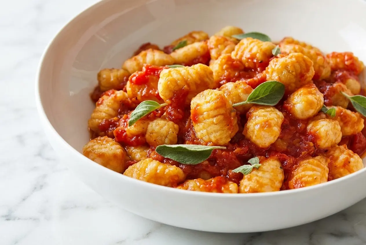 Gnocchis de pommes de terre à la noix de muscade sur assiette en céramique minimaliste, éclairage naturel doux.