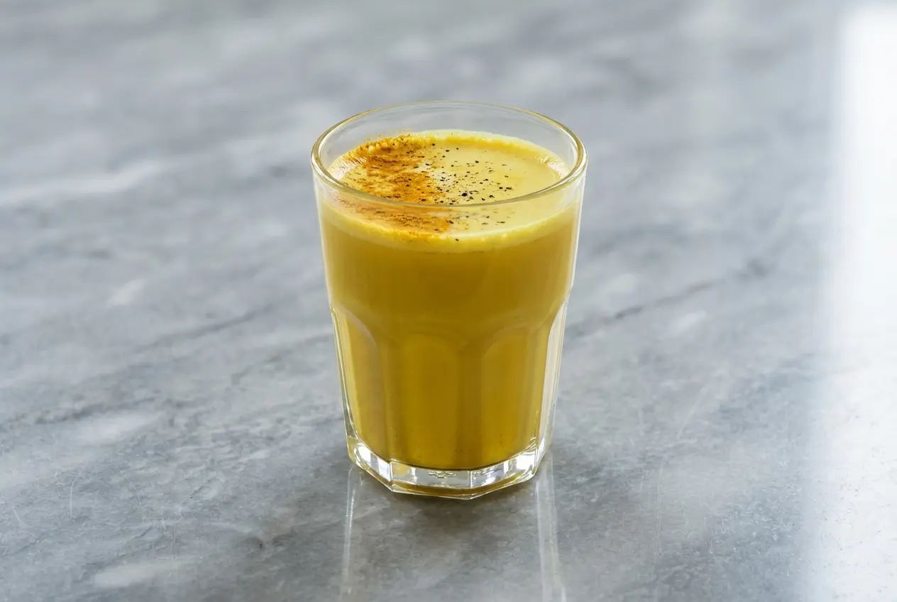 Golden Milk au curcuma onctueux infusé par torréfaction flash des épices, servi dans une tasse en céramique sur marbre blanc.