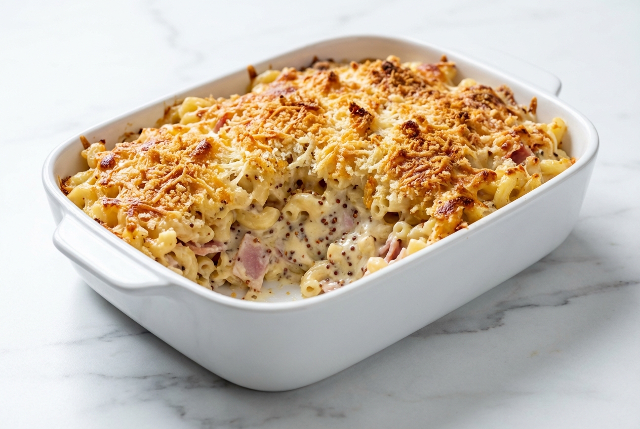 Gratin de pâtes au jambon à la croûte dorée Panko et Comté, présenté dans un plat en céramique minimaliste sur marbre blanc, lumière naturelle.