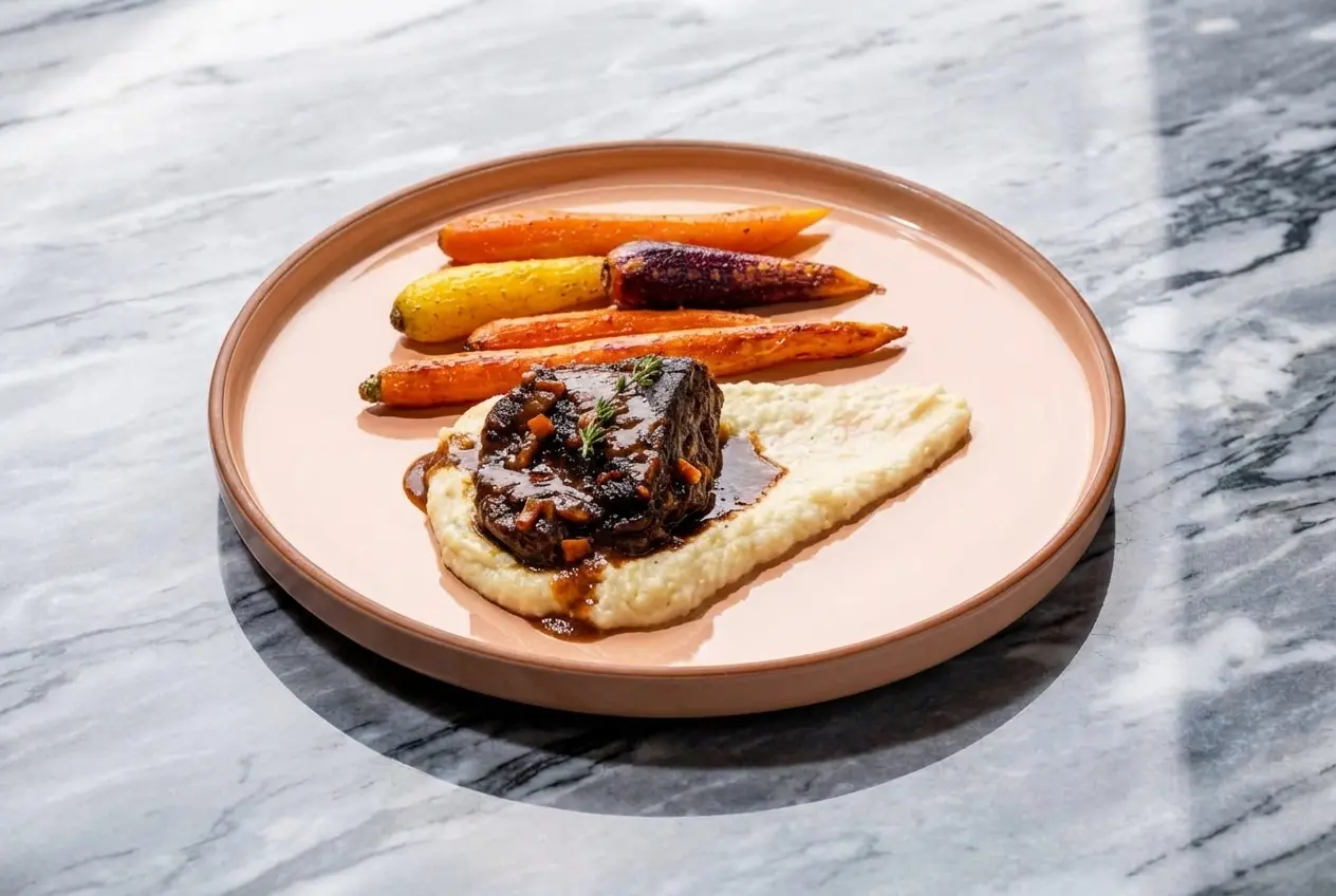 Joues de bœuf braisées fondantes nappées d'une réduction au vinaigre balsamique, servies dans un bol en céramique blanc sur marbre.