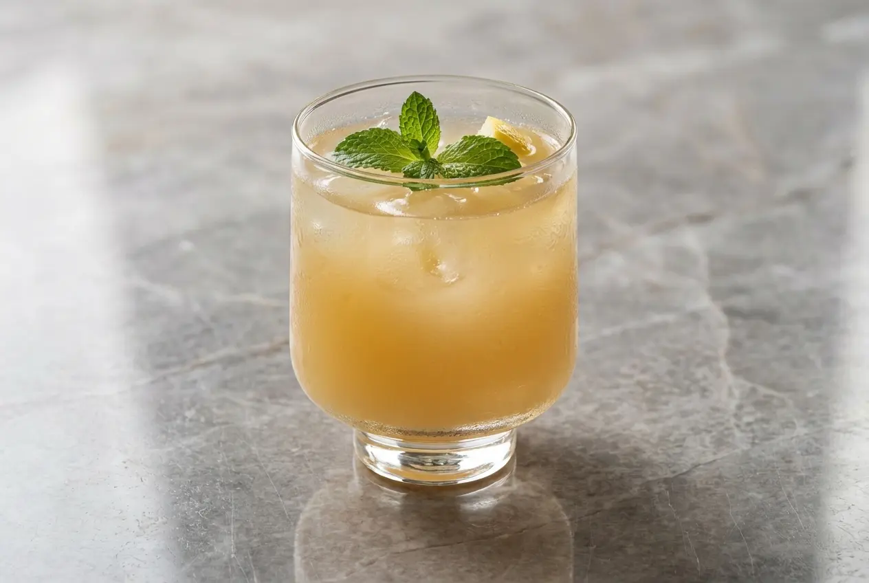 Jus de gingembre maison infusé à froid avec zestes d'orange et poivre noir sur une surface en marbre blanc.