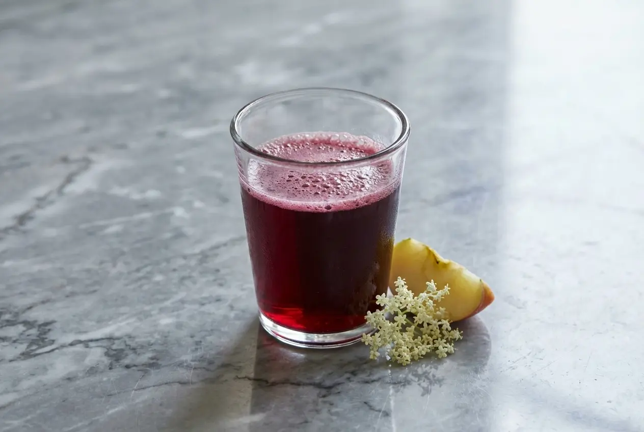 Jus de pomme au sureau infusé au gingembre et poivre rose dans un verre sur marbre blanc en lumière naturelle.