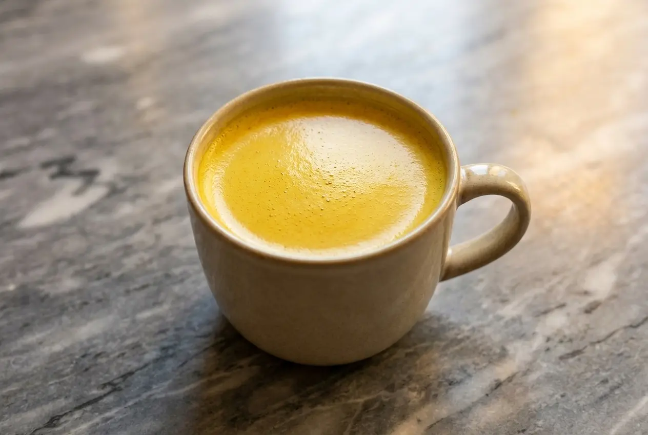 Lait doré au curcuma onctueux en tasse céramique sur marbre blanc, avec une touche d'huile de coco et vanille sous lumière naturelle.