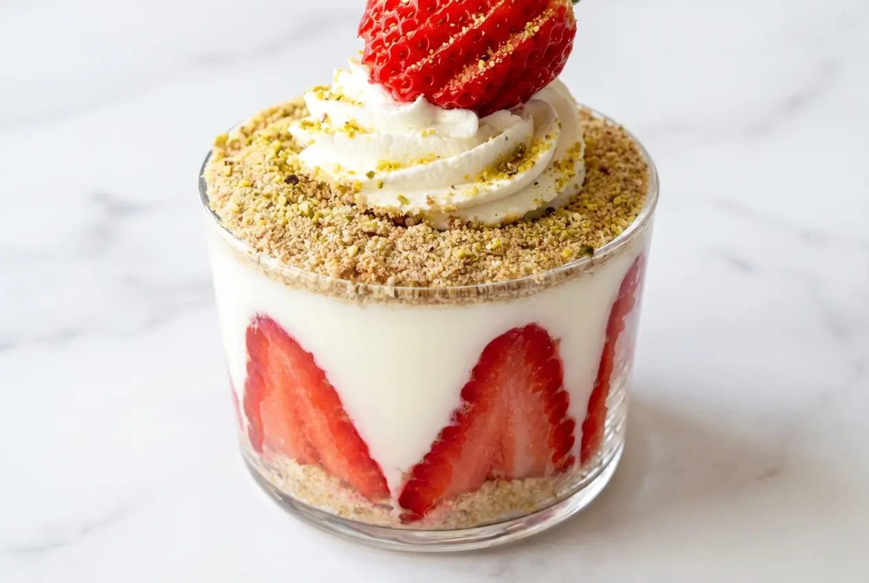 Vue de face d'un Magnolia fraise onctueux dans une verrine en verre minimaliste sur un plan de travail contemporain, avec des grains de vanille visibles et une texture riche au mascarpone, baigné d'une douce lumière naturelle.