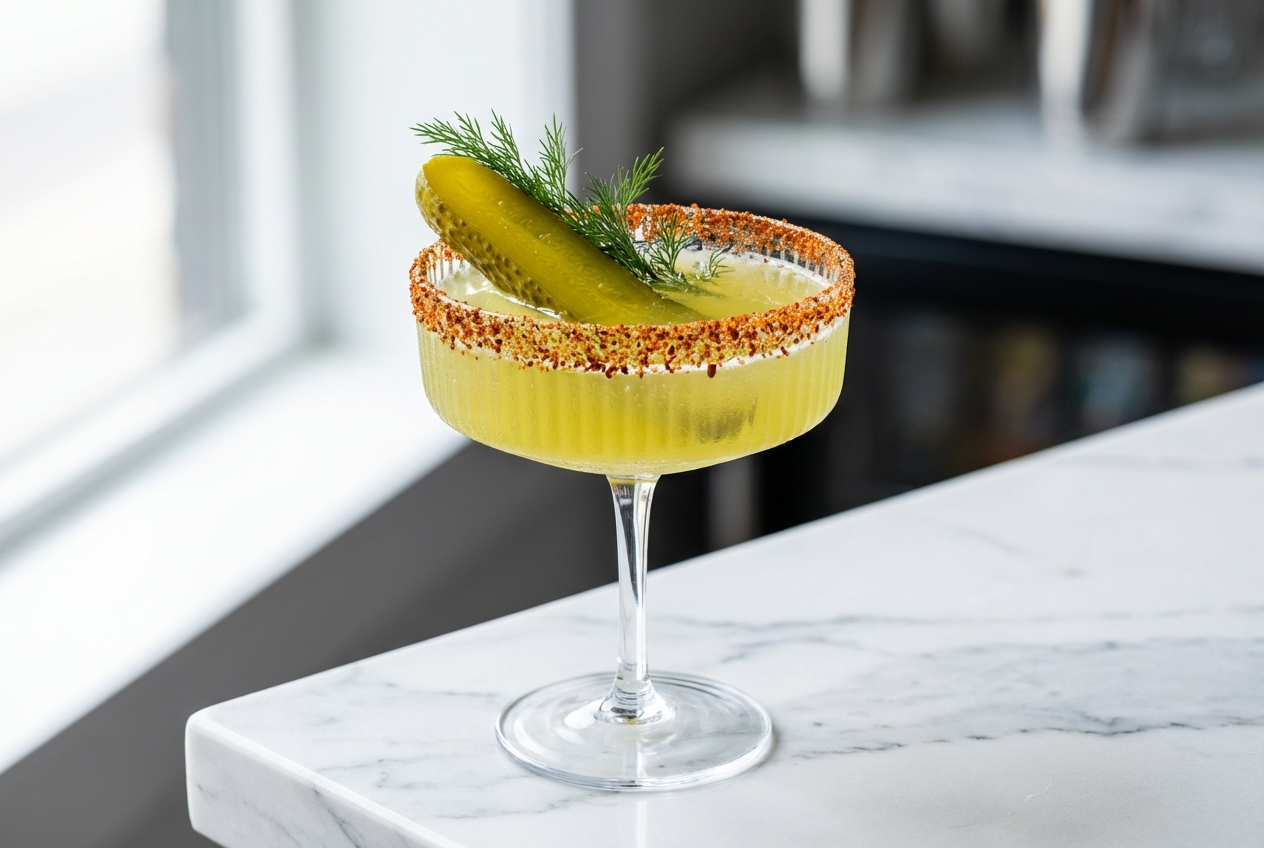 Margarita cornichon sur comptoir en marbre blanc sous une lumière naturelle, avec un bord givré au Tajin et aneth séché, infusée au Mezcal.