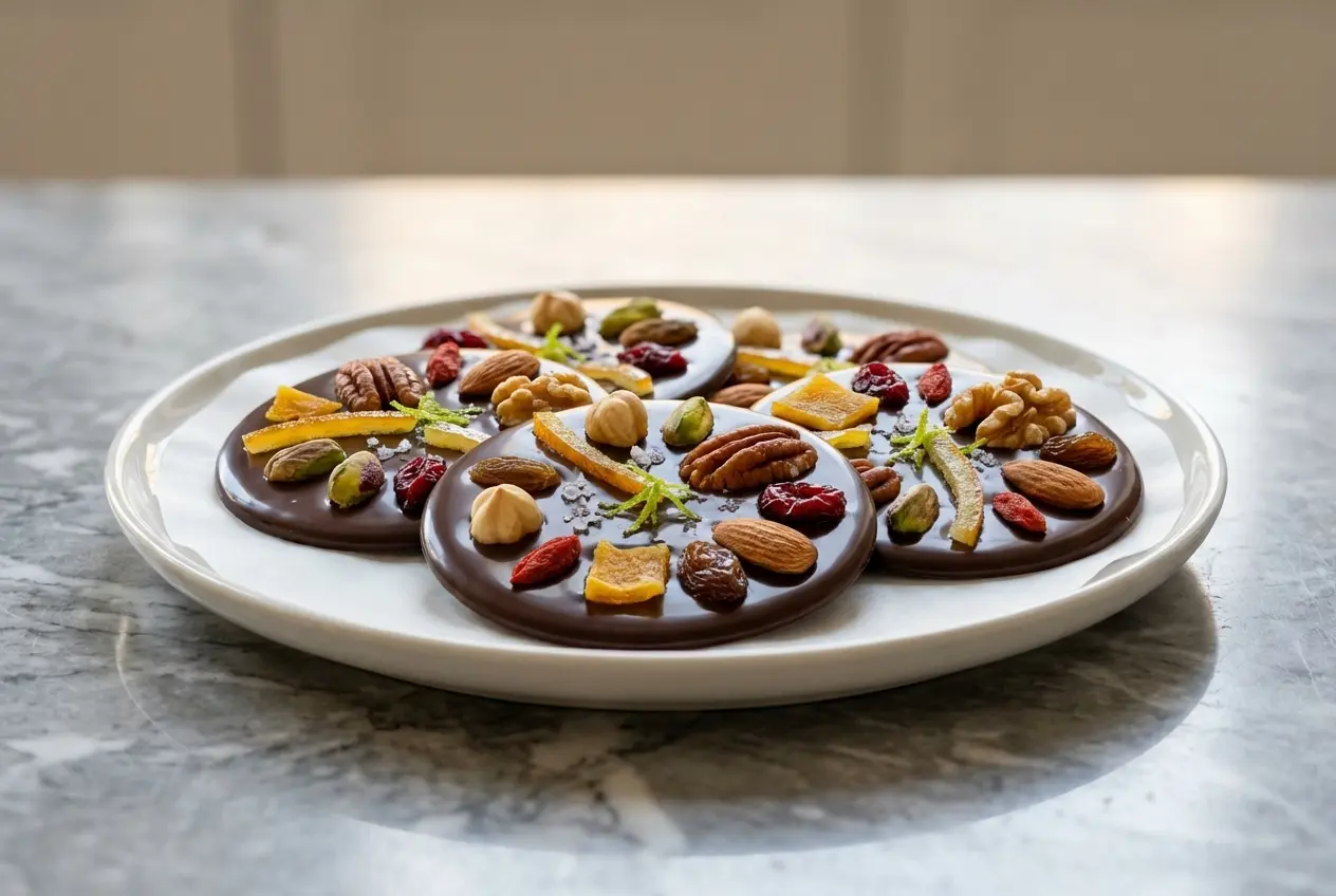 Mendiants Chocolat Fruits Secs à la fleur de sel et zestes de citron vert sur un marbre blanc lumineux.