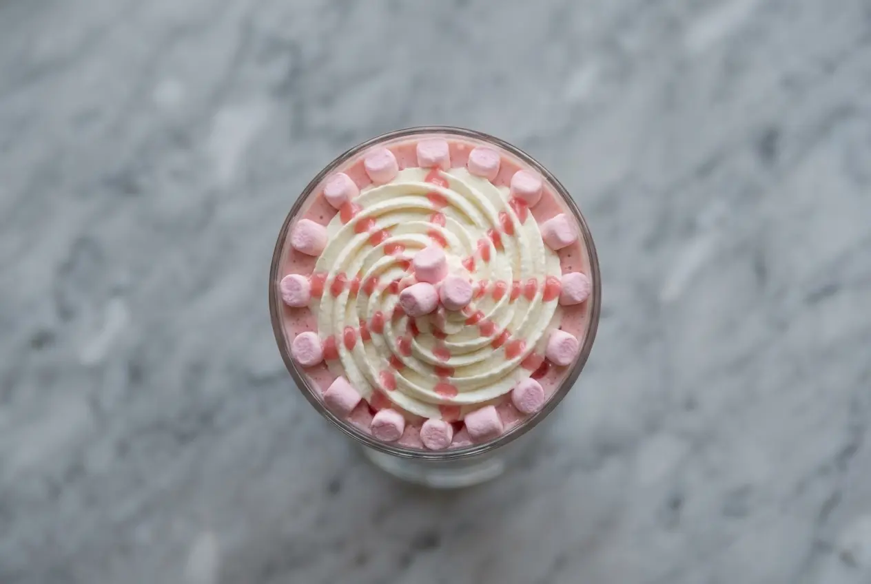 Milkshake aux bonbons onctueux avec un rebord givré de cristaux pétillants, présenté sur un marbre blanc lumineux.