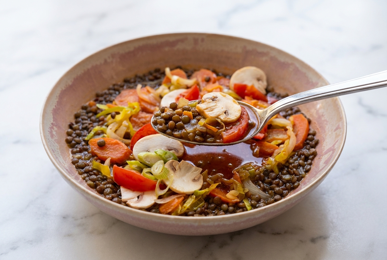 Vue plongeante d'un bol en céramique de minestrone aux lentilles, sa couleur riche venant du soffritto et du concentré de tomate pincé. La scène est baignée de lumière naturelle sur une surface de marbre blanc, mettant en valeur la texture des légumes.