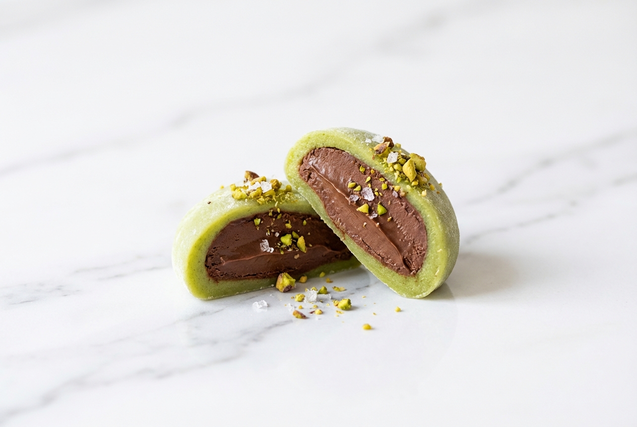 Mochi pistache chocolat coupé révélant un cœur ganache avec pistaches torréfiées et fleur de sel, sur céramique minimaliste et marbre blanc sous une lumière naturelle.