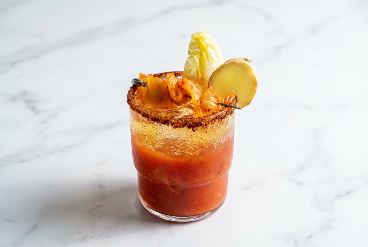 Mocktail au Kimchi pétillant avec kombucha au gingembre, servi dans un verre minimaliste sur un marbre blanc sous une douce lumière naturelle.
