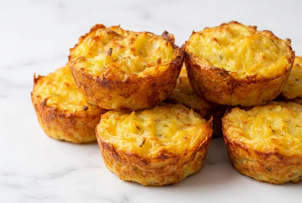 Muffins de pomme de terre dorés au beurre noisette et noix de muscade sur une assiette en céramique minimaliste.