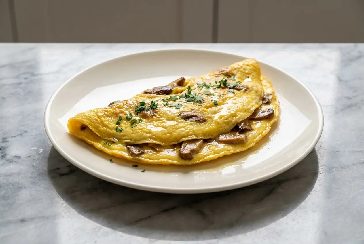 Omelette aux cèpes séchés baveuse sur assiette en céramique minimaliste et marbre blanc. La lumière naturelle de la fenêtre révèle l'infusion concentrée et le beurre noisette.