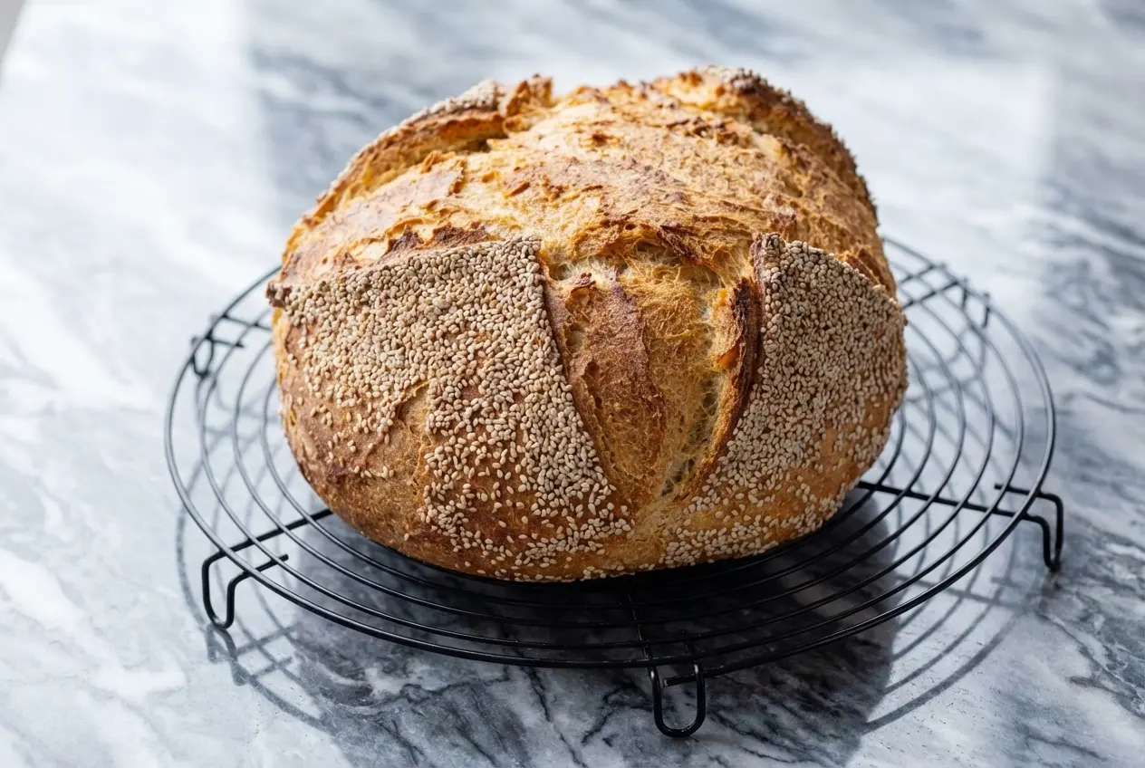 Pain au yogourt à la croûte dorée issu d'une fermentation lente, sur marbre blanc en lumière naturelle.