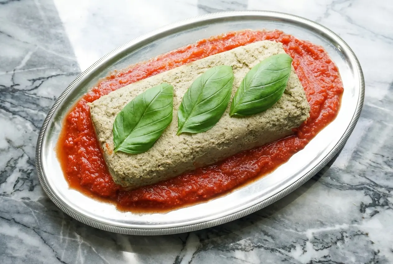 Pain d'aubergine fondant à la poudre de noisettes et cumin sur marbre blanc en lumière naturelle.
