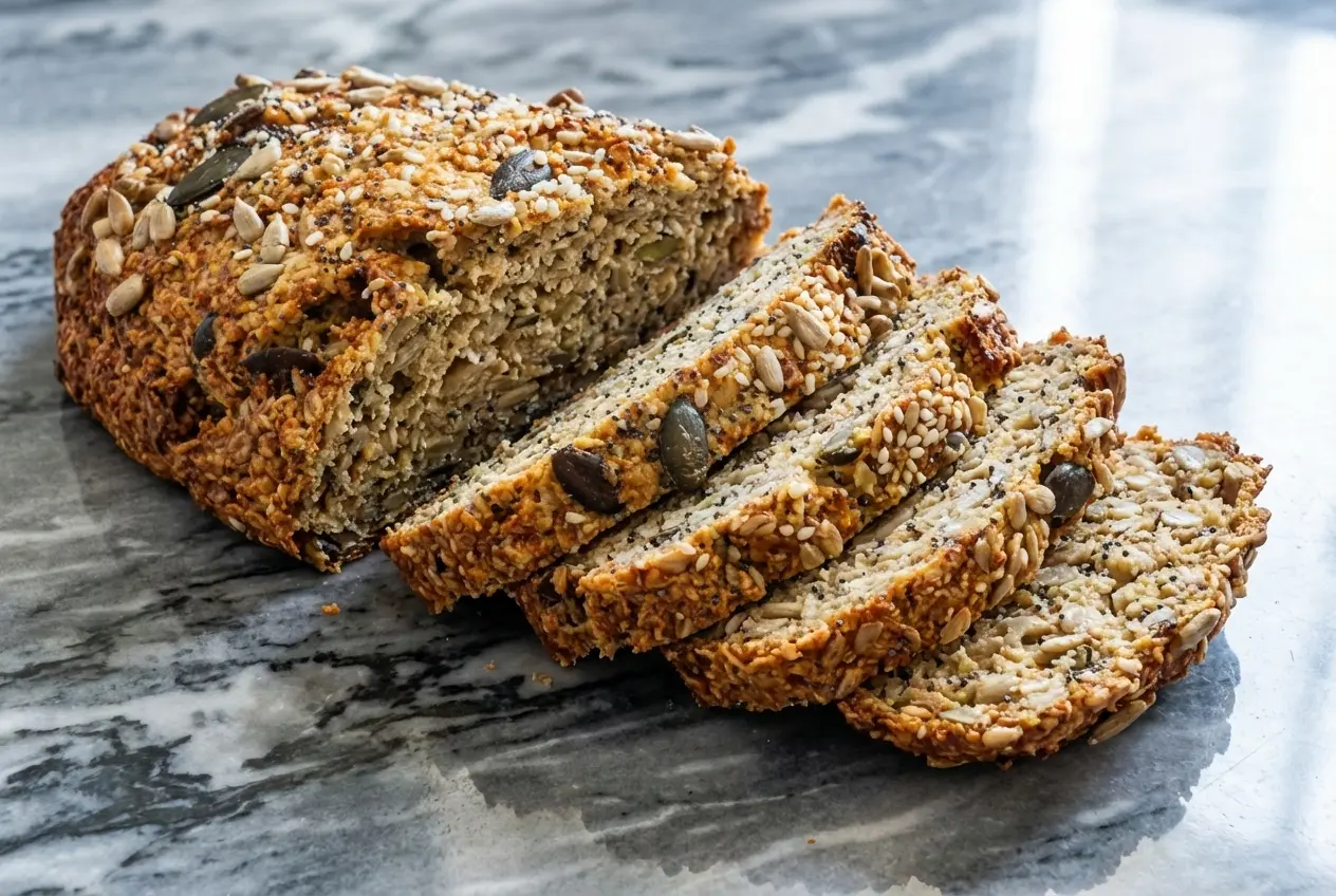 Pain sans farine doré sur marbre blanc, mie aérée par le duo vinaigre de cidre et bicarbonate, lumière naturelle.