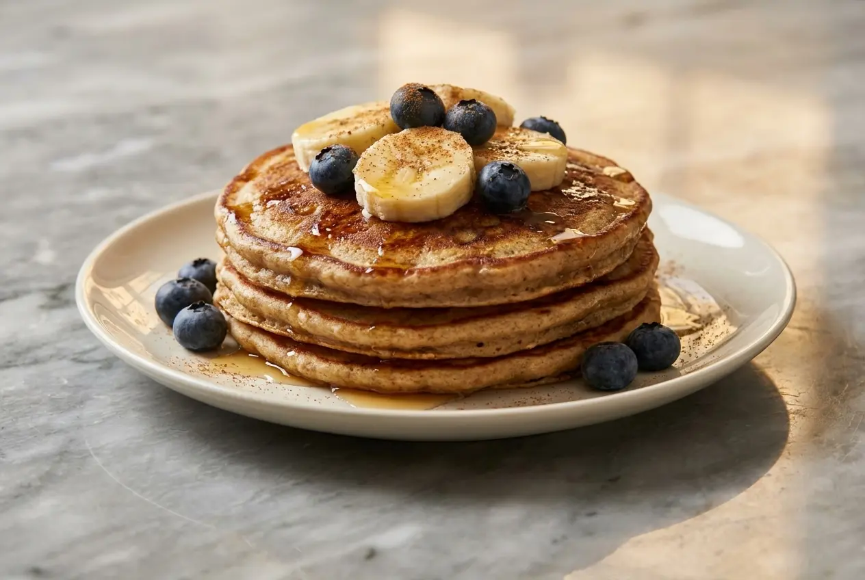 Pile de pancakes banane et avoine à la purée d'amande et fleur de sel, texture dorée sur céramique minimaliste.