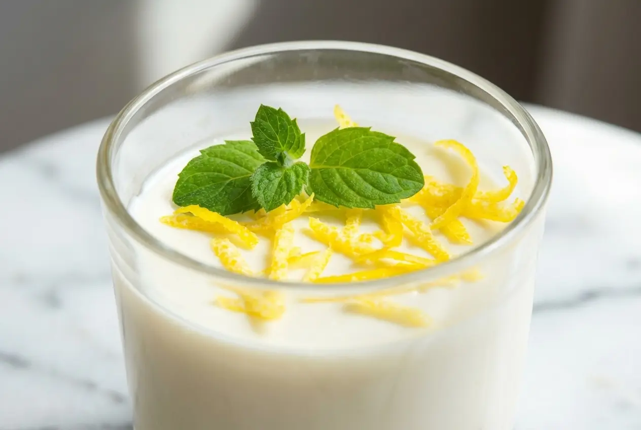 Panna cotta au citron crémeuse dans une verrine en céramique minimaliste sur une surface en marbre blanc, surmontée d'un généreux crumble de palet breton, baignée par une douce lumière naturelle de fenêtre.
