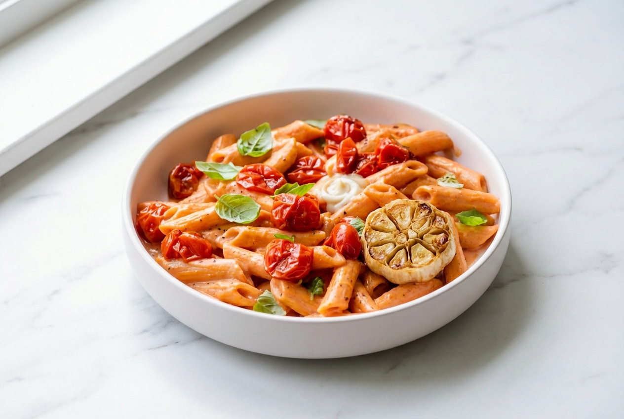 Pennes à la sauce rosée au tofu crémeuse à l'ail rôti et miso blanc, servies dans un bol en céramique minimaliste sur marbre blanc avec éclairage naturel.