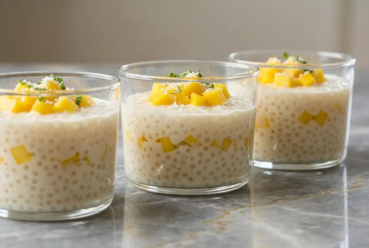 Perles du Japon Coco et Mangue infusées au gingembre frais et citron vert dans une verrine en céramique minimaliste.