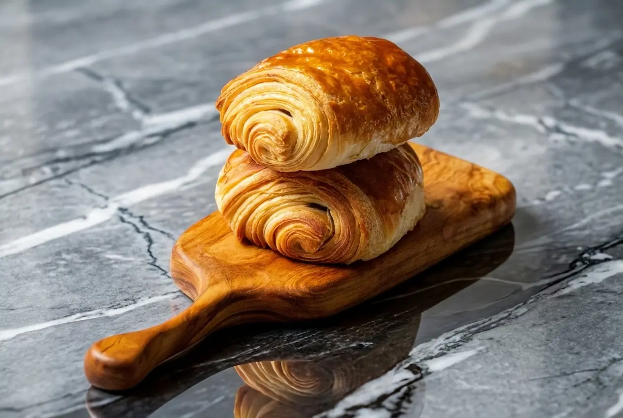 Petits pains au chocolat dorés au feuilletage brillant grâce au sirop, pointe de fleur de sel visible sur marbre blanc.