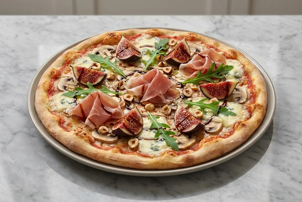 Pizza aux figues sur assiette en céramique minimaliste et marbre blanc. Éclairage naturel doux, garnie de romarin et miel de châtaignier.