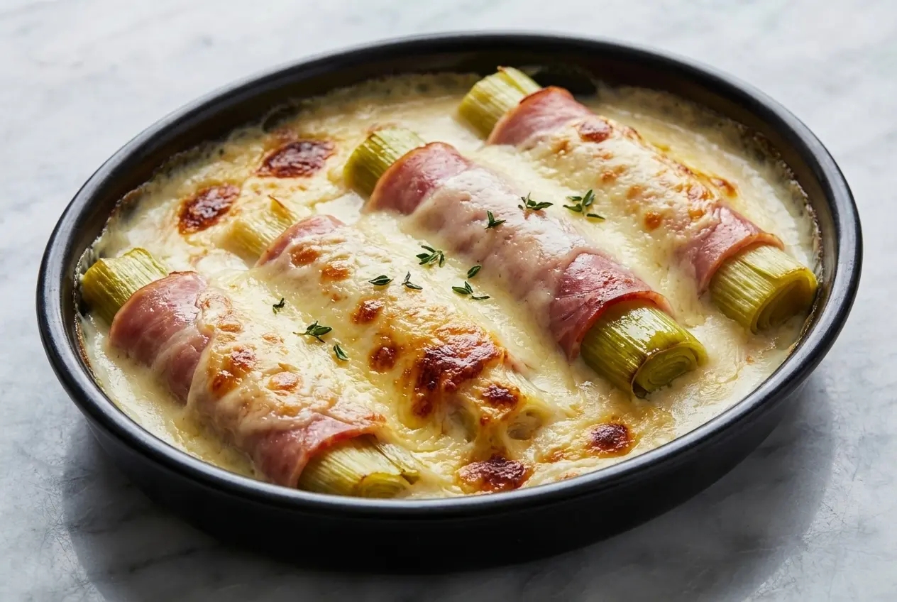 Poireaux au jambon gratinés avec béchamel au beurre noisette et croûte de panko-parmesan, surface en marbre blanc, lumière naturelle.