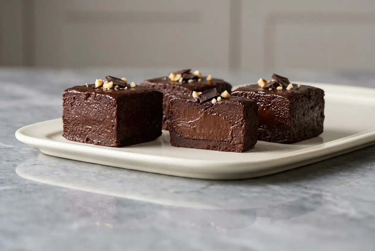 Pois chiches au chocolat onctueux dans un bol en céramique, émulsion à la purée de noisette grillée et fleur de sel sur marbre.